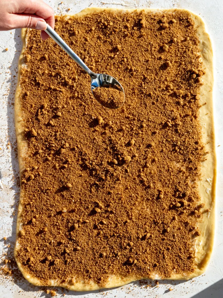 image of brown sugar cinnamon filling being sprinkled onto cinnamon roll dough