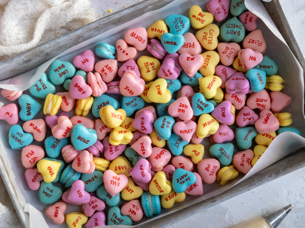 image of conversation heart macarons