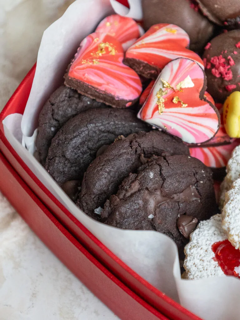 image of double chocolate cookies in a valentine's day dessert box