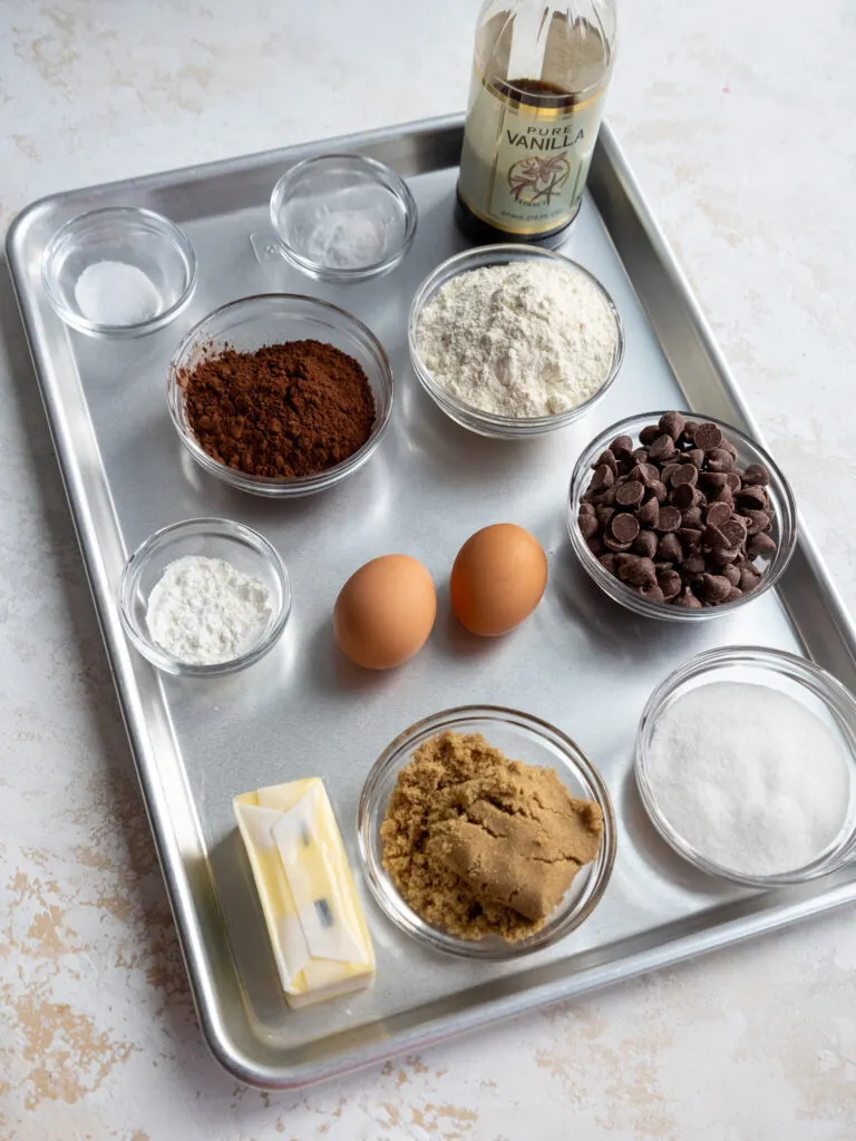image of ingredients laid out to made double chocolate cookies
