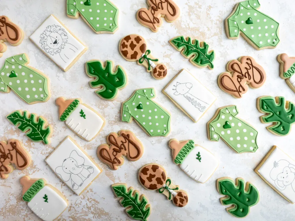 image of jungle themed sugar cookies that have been made for a baby shower