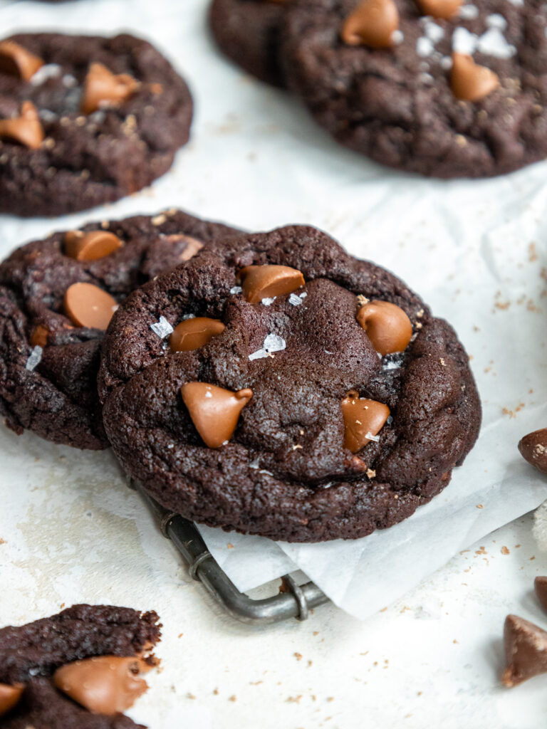 image of double chocolate cookies that have been sprinkled with flakey sea salt
