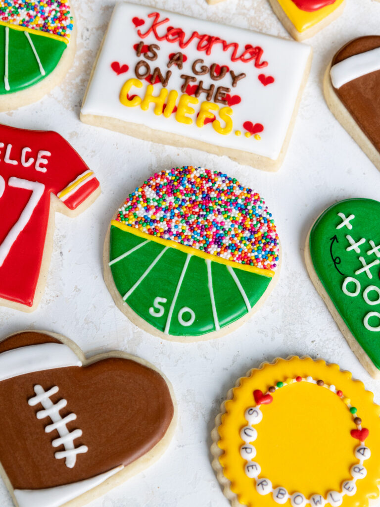 image of cute taylor swift themed superbowl cookies with football field cookie