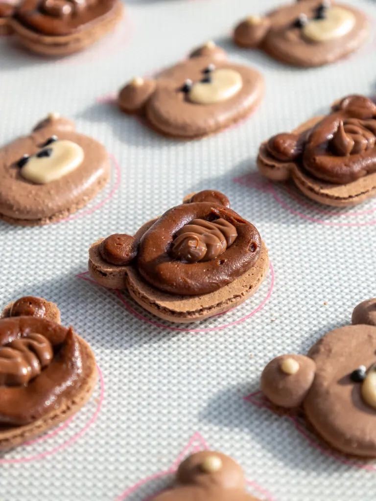 image of teddy bear macarons that have been filled with dark chocolate ganache and Nutella