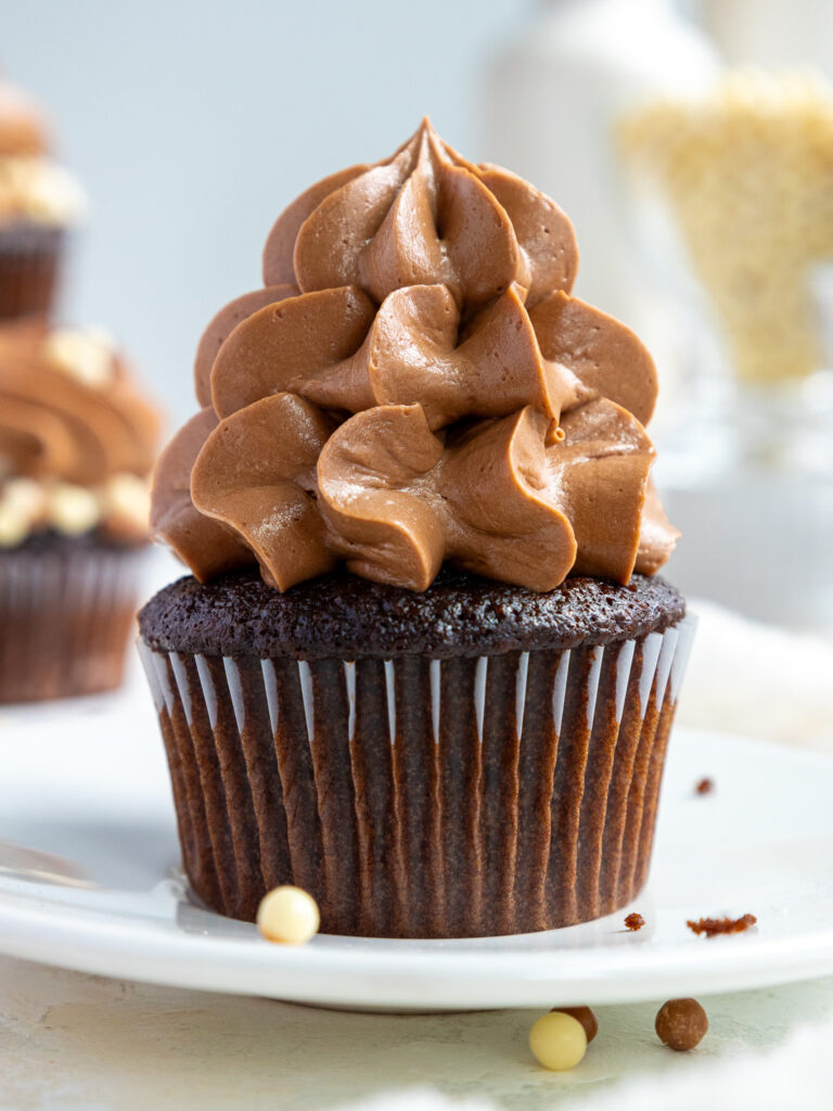 image of a chocolate cupcake frosted with not too sweet chocolate frosting