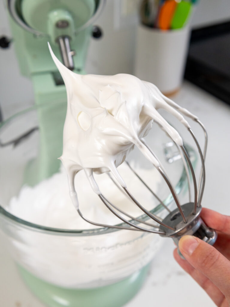 image of french meringue that's been beaten to stiff peaks with a stand mixer