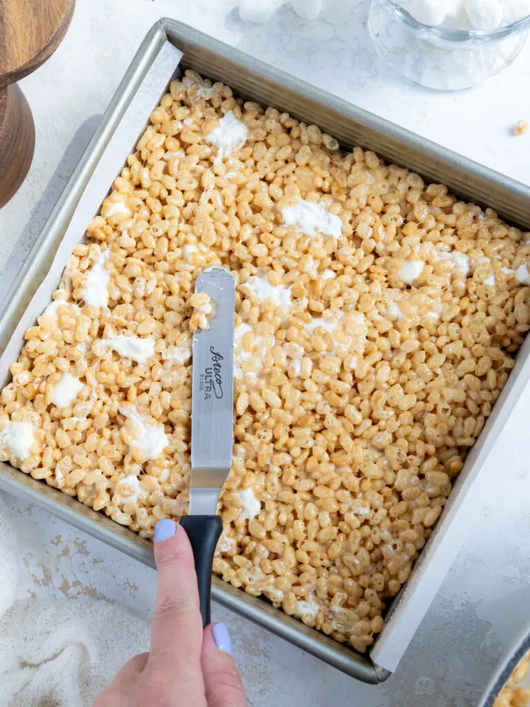 image of rice krispie treats that have been made in an 8 inch square metal pan