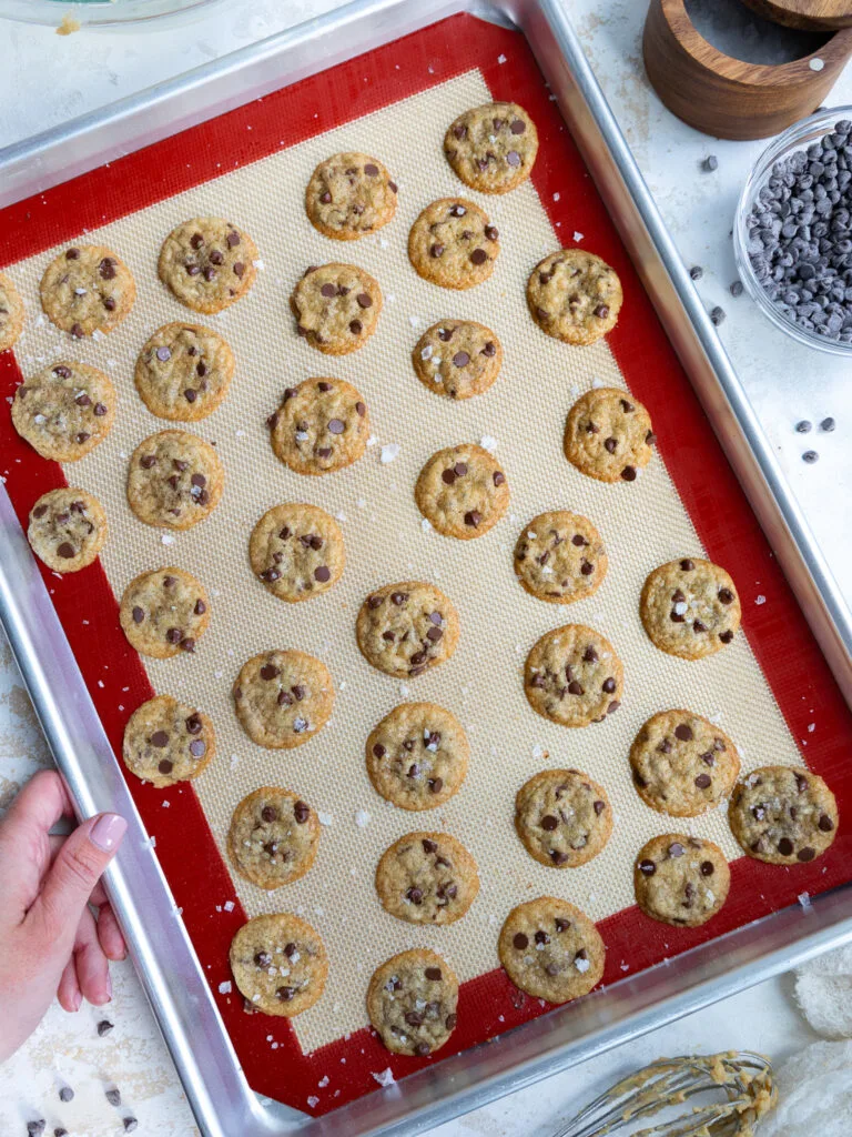 image of mini chocolate chip cookies that have been baked on a silicone mat and are cooling