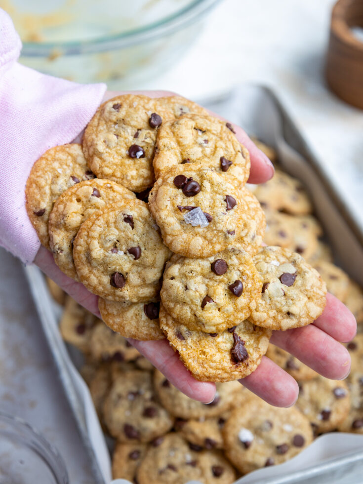 image of mini chocolate chips piled high in a hand to show how small they are