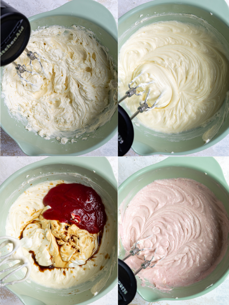 image of strawberry cheesecake batter being made in 4 different steps