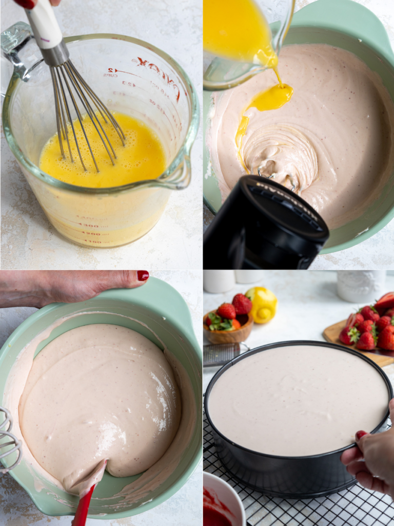 image of strawberry cheesecake batter being made in 4 different steps