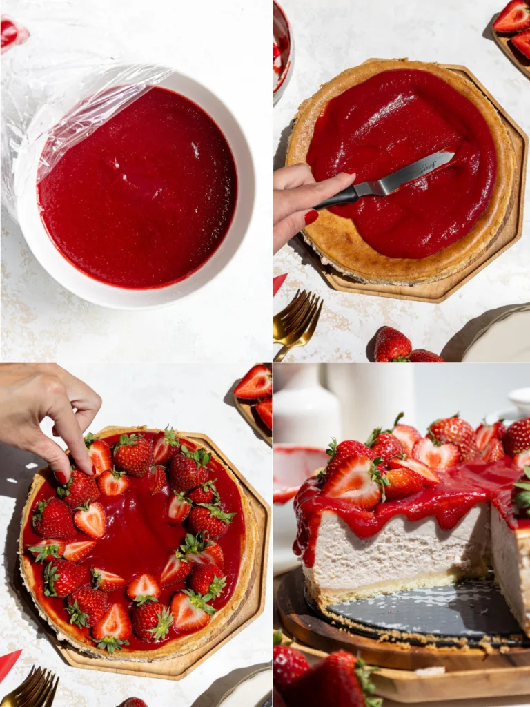 image of a strawberry cheesecake being topped with strawberry reduction