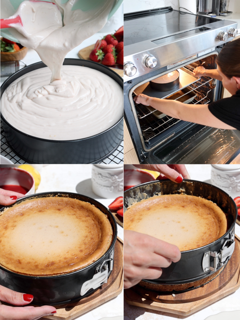 image of strawberry cheesecake being baked in 4 images