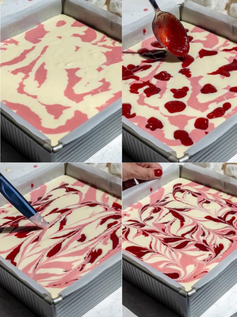 image of strawberry cheesecake batter being swirled with a strawberry reduction before being baked