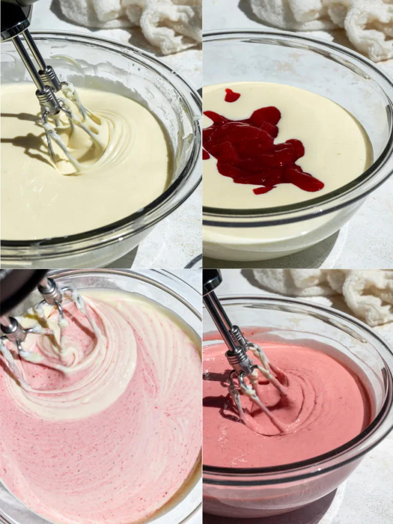 image of strawberry cheesecake batter being made in a glass bowl