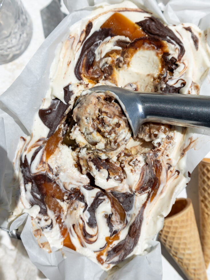 image of no churn chocolate caramel ice cream being scooped