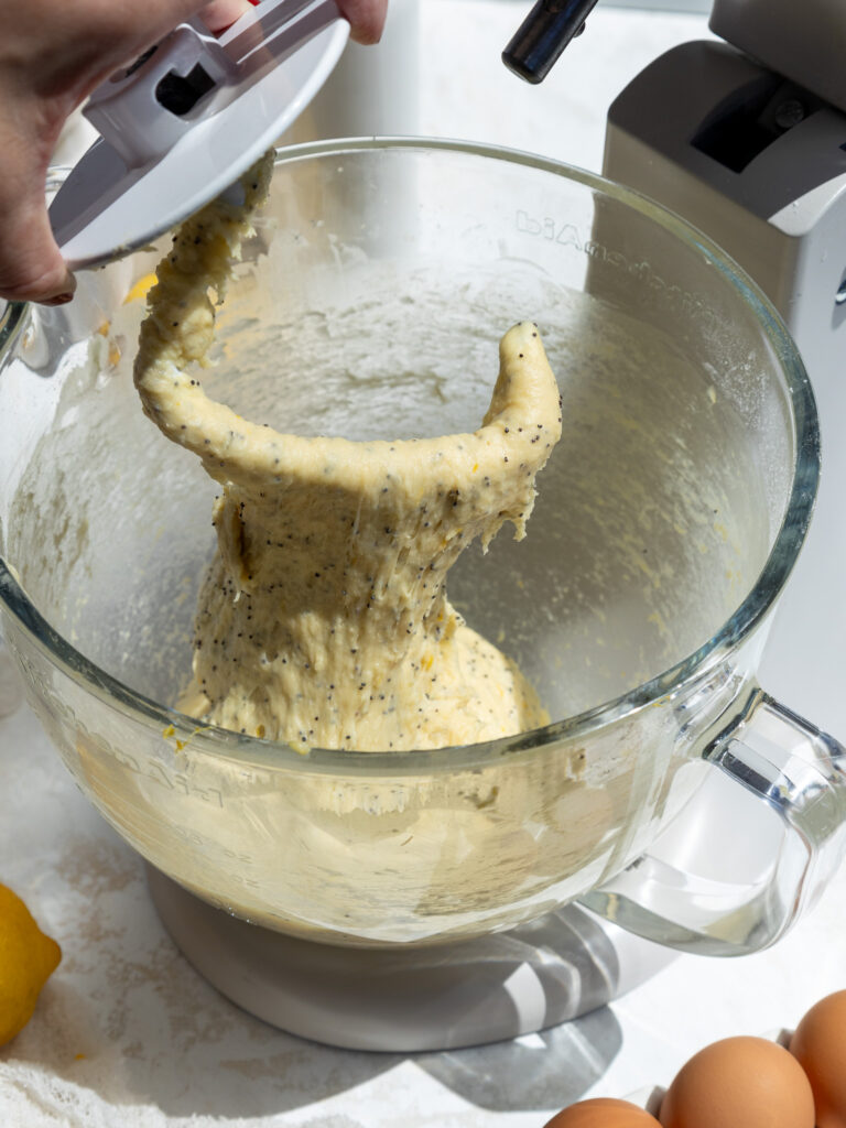 image of lemon poppyseed roll dough that's been mixed enough and is ready to be rested