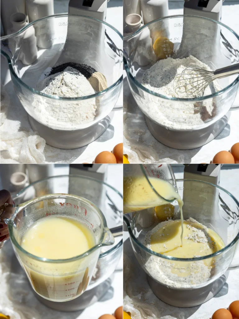 image of wet ingredients being poured into dry ingredients to make lemon rolls