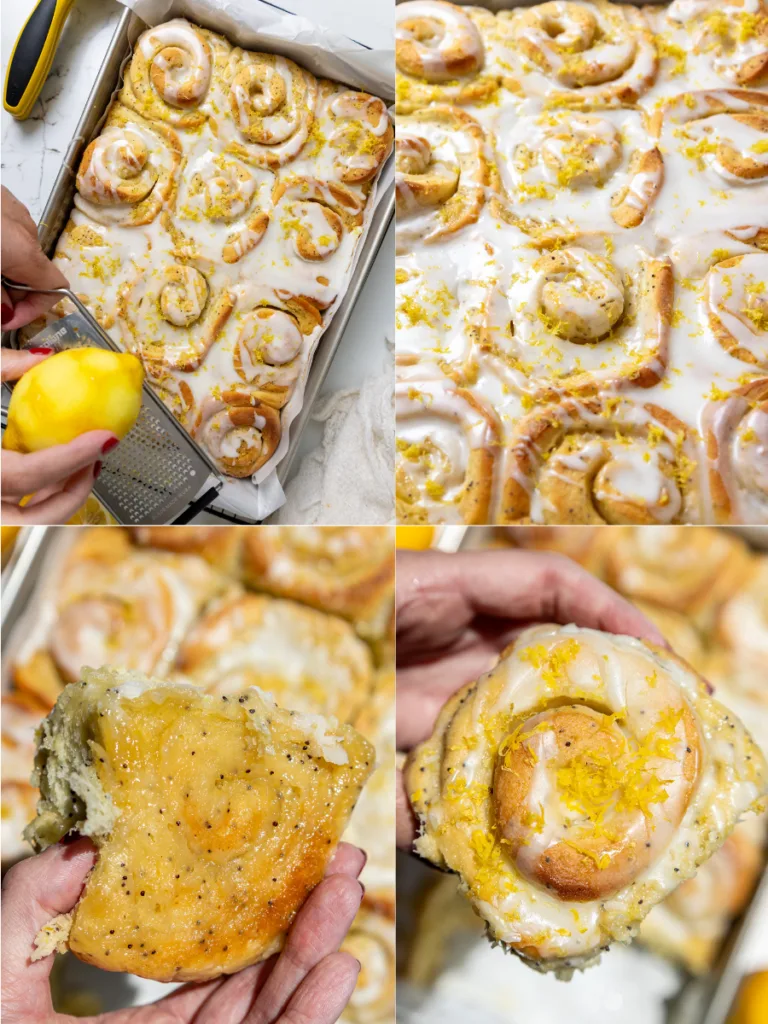 image of lemon rolls being topped with lemon zest