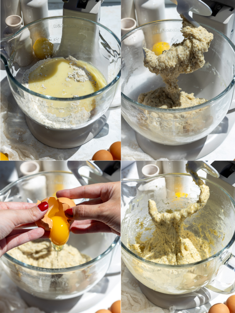 image of eggs being mixed into dough to make lemon rolls