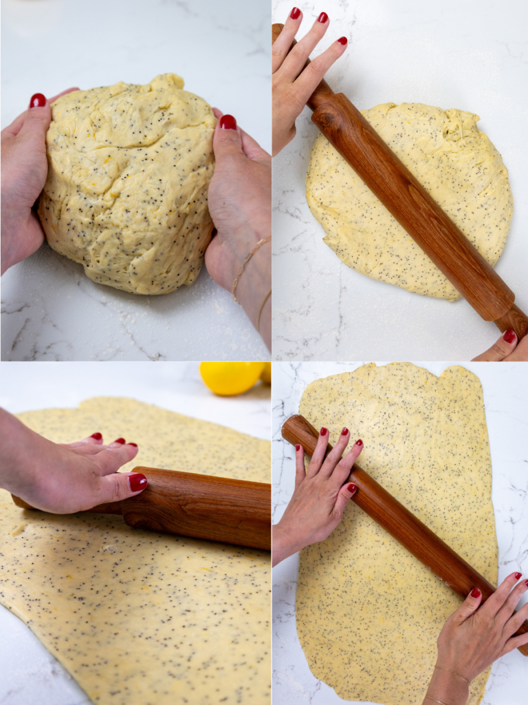 image of lemon poppyseed dough being rolled out to make lemon rolls