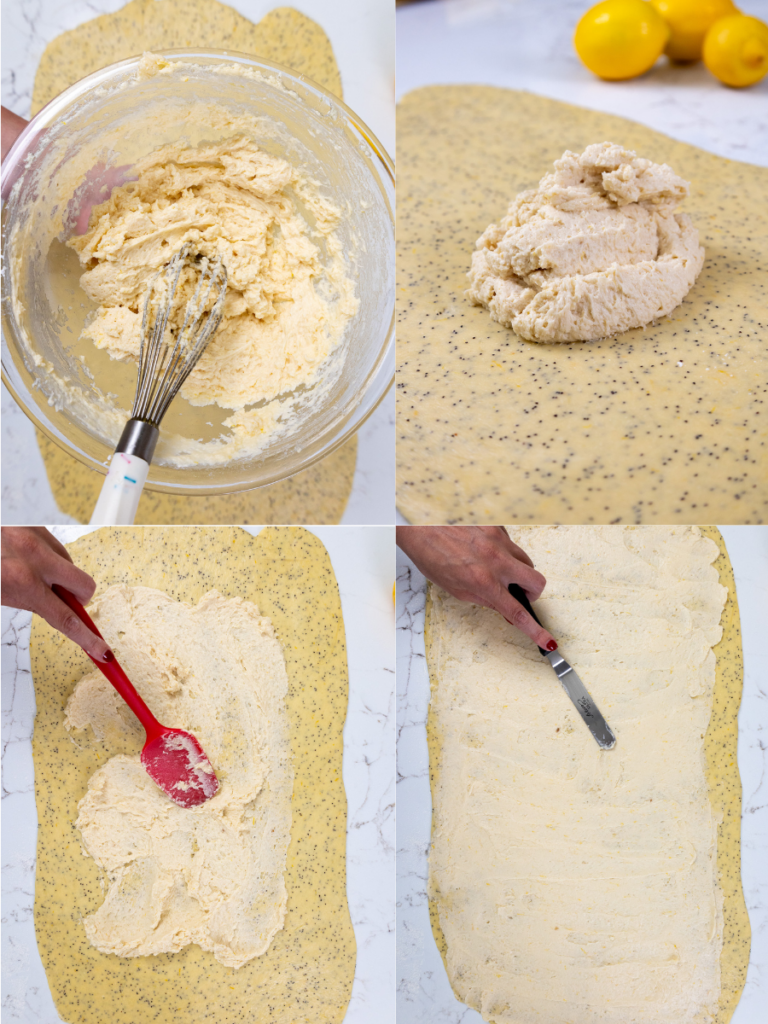 image of lemon filling being spread onto lemon roll dough