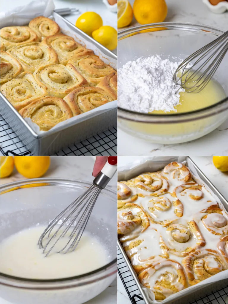 image of lemon rolls being covered with lemon icing