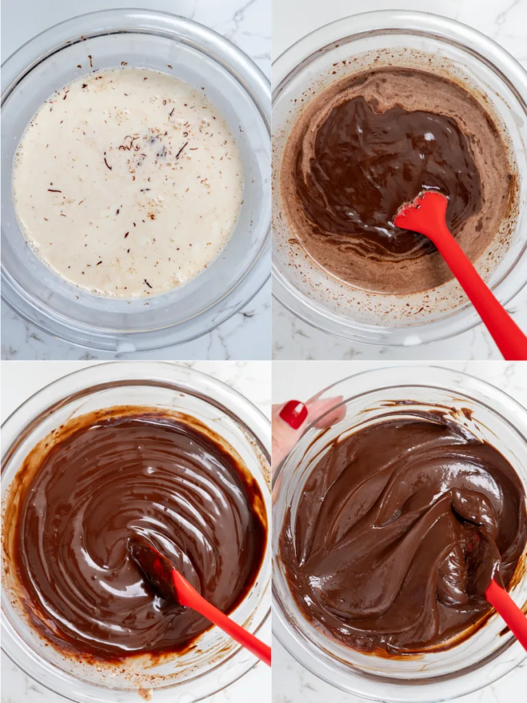 image of chocolate ganache being made in a glass bowl