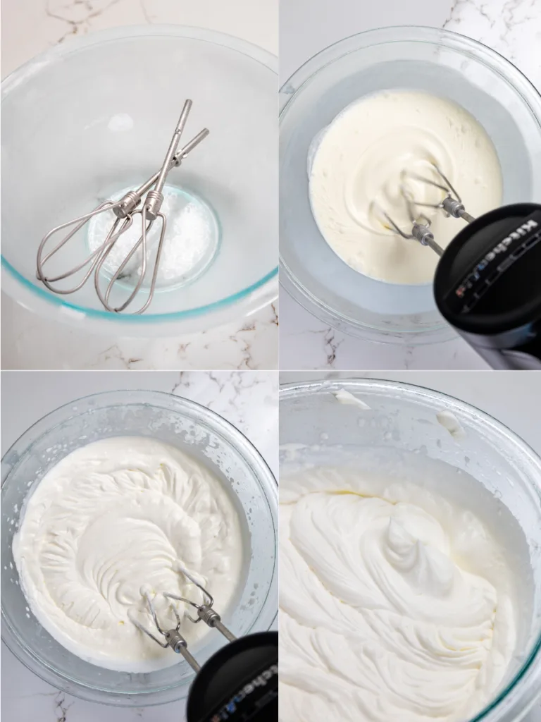 image of whipped cream being made with a hand mixer in a glass bowl