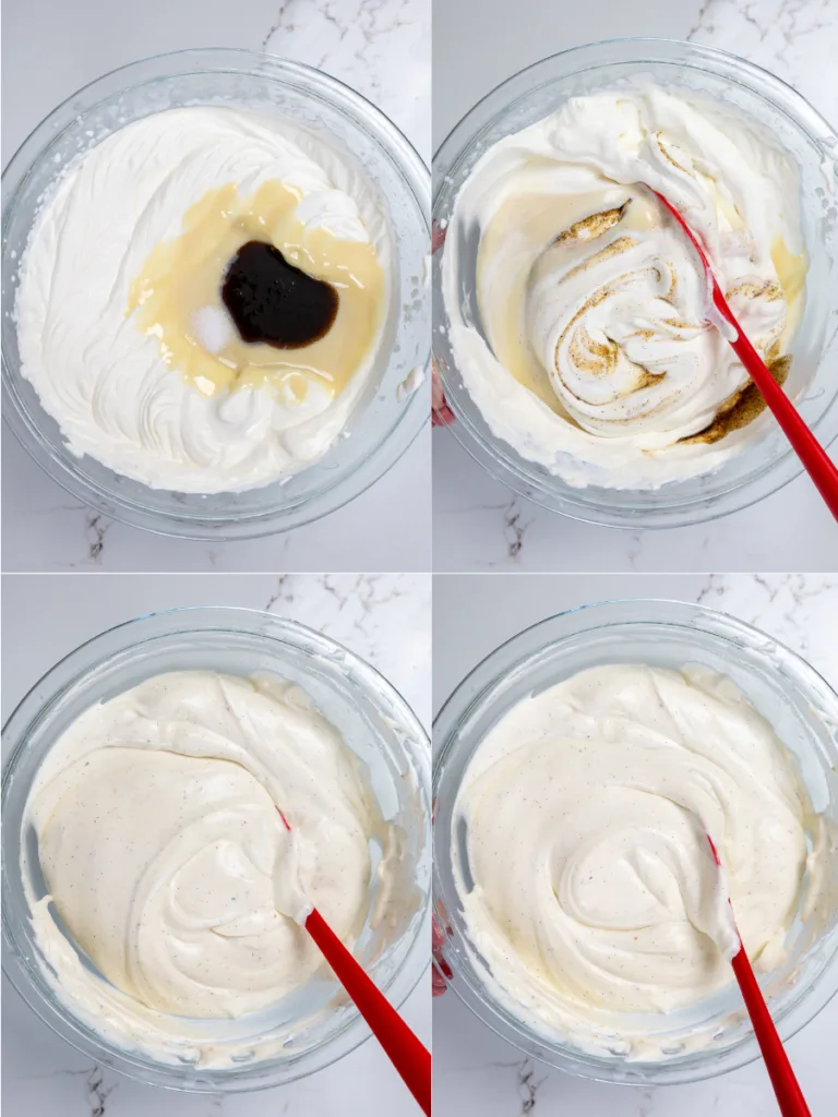 image of no churn vanilla ice cream being made in a glass bowl