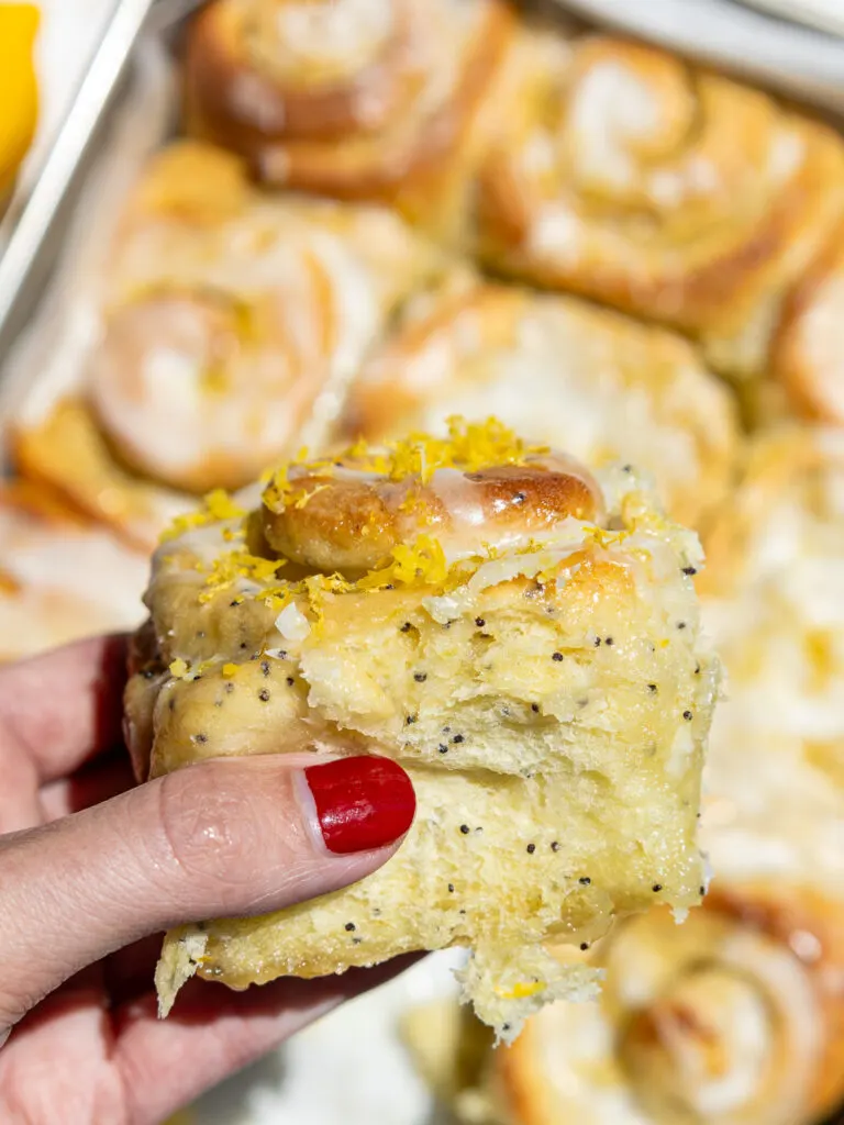 image of a lemon roll that's topped with lemon zest and is being held up in the sun