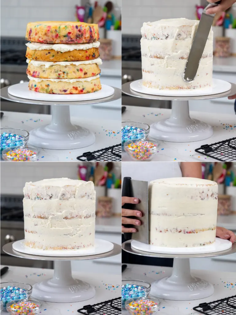 image of a funfetti cake being stacked and crumb coated