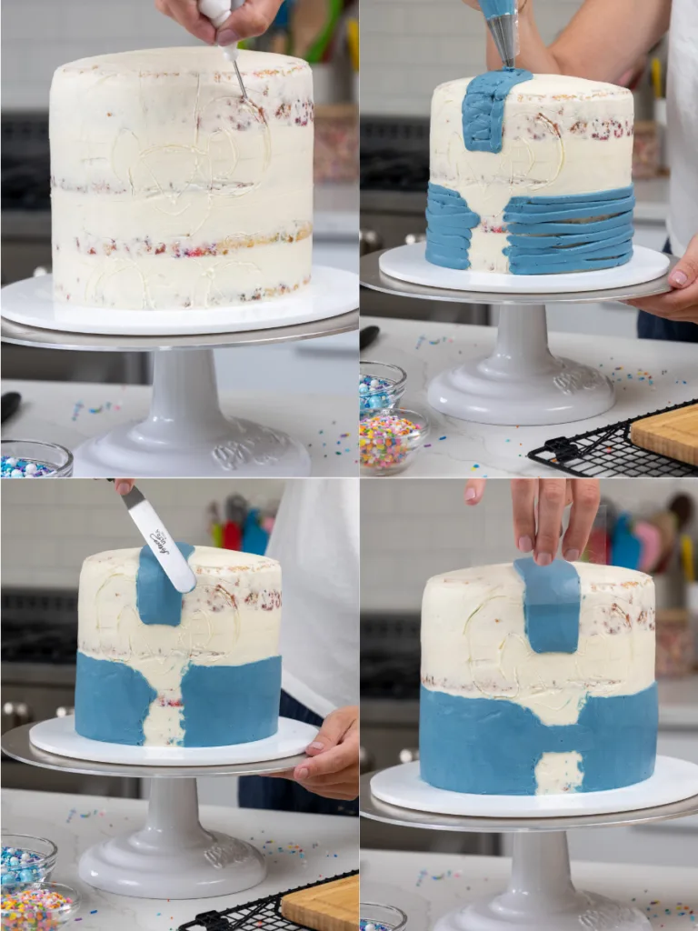 image of blue frosting being smoothed onto a cake to make a Bluey cake