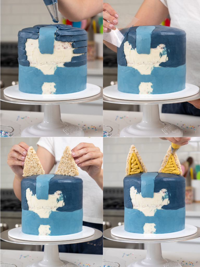 image of blue frosting being smoothed onto a cake to make a Bluey cake