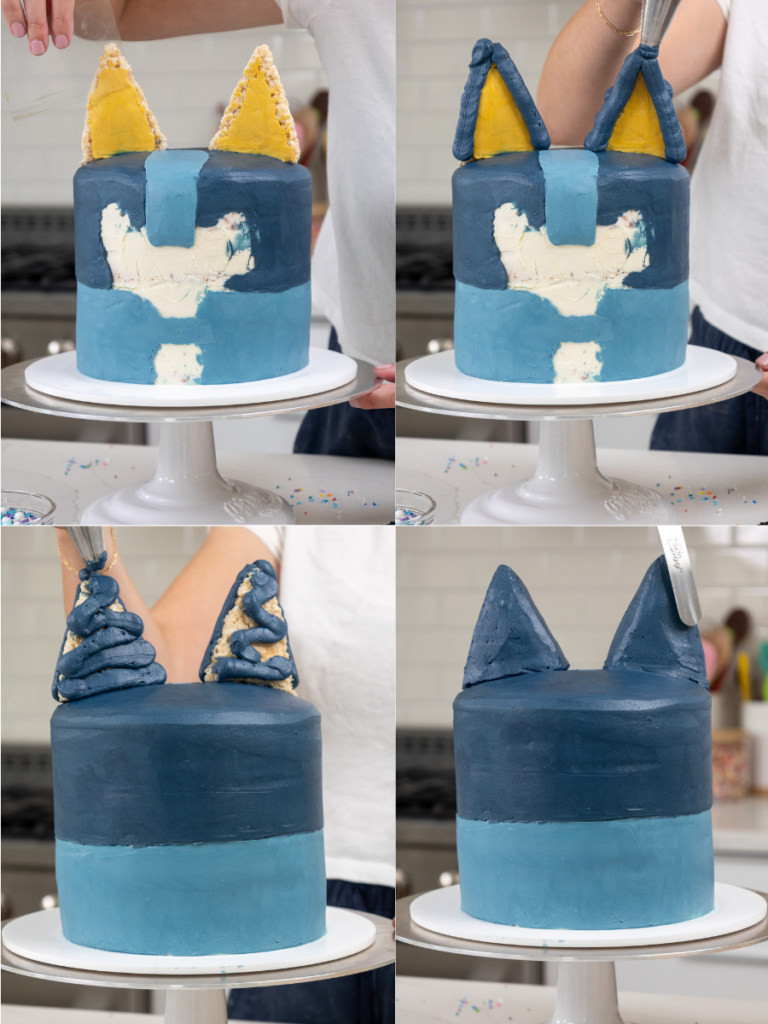 image of blue frosting being smoothed onto the ears of a cake to make a Bluey cake