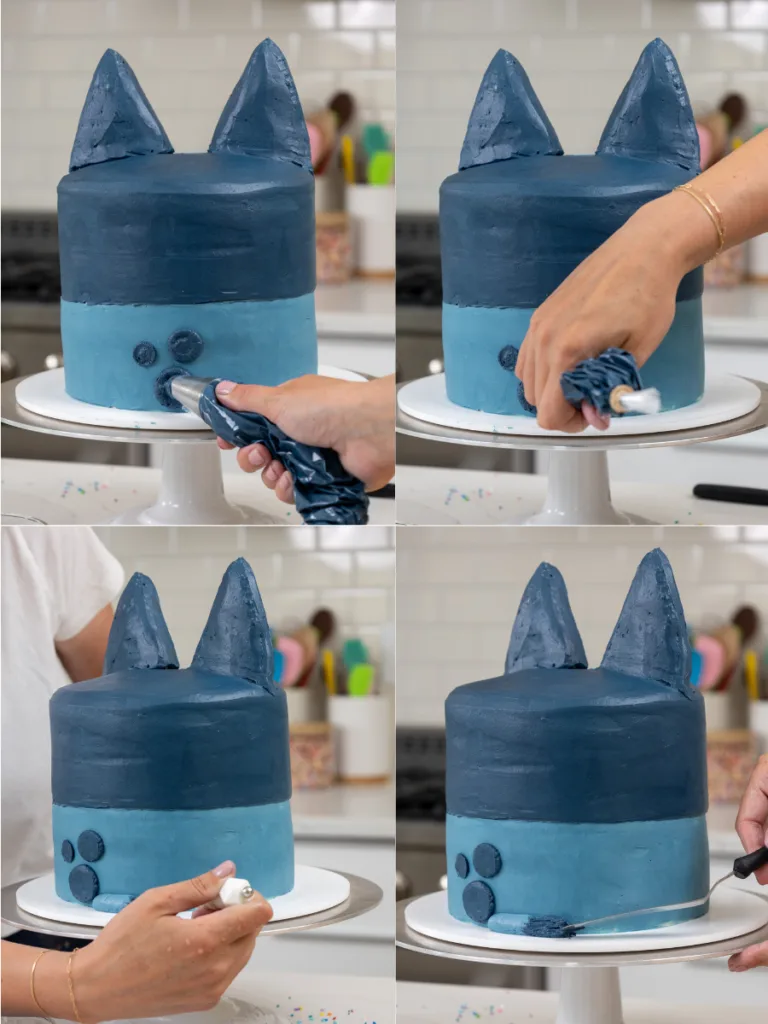 image of blue frosting being smoothed onto a cake to make a Bluey cake