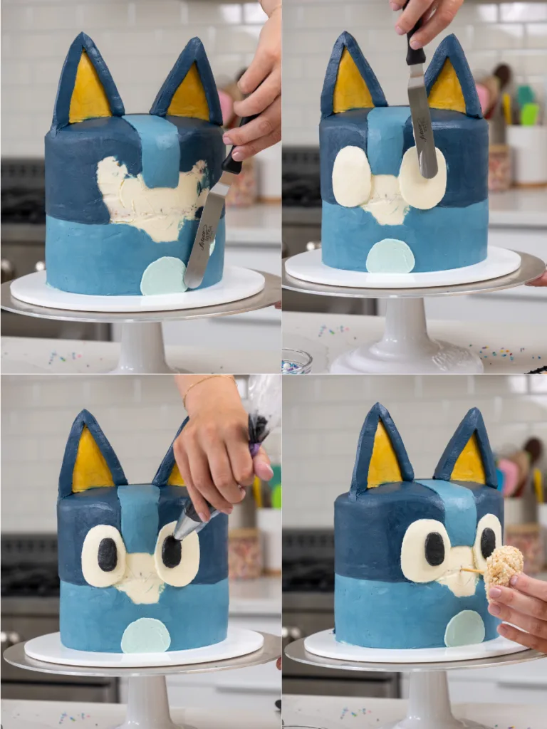 image of buttercream eyes being added onto a Bluey cake