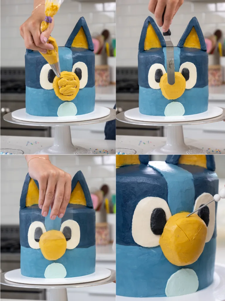 image of tan frosting being added to a Bluey cake to make her snout