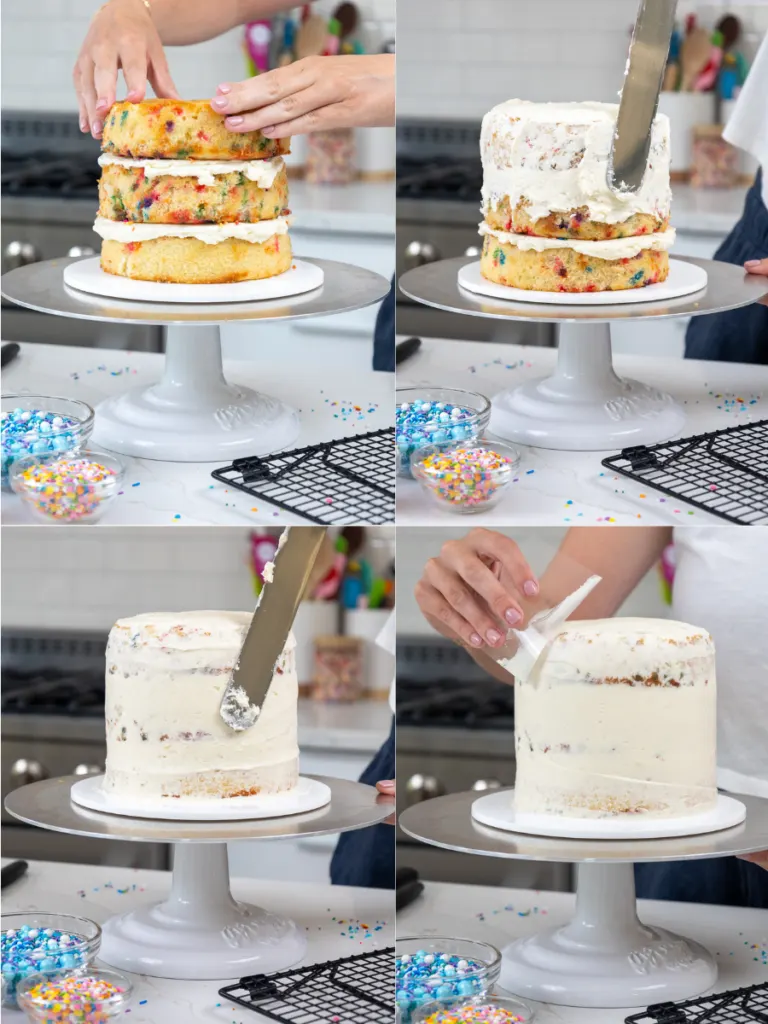 image of a small 6 inch funfetti cake being crumb coated