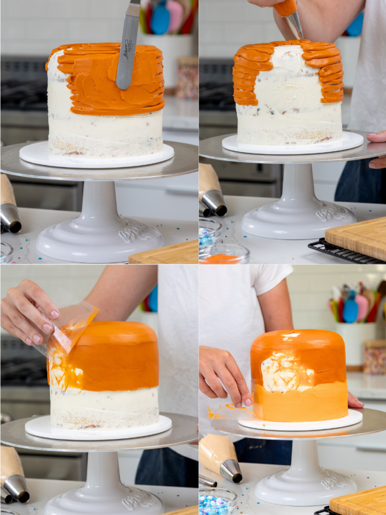 image of a bingo cake being frosted with orange buttercream