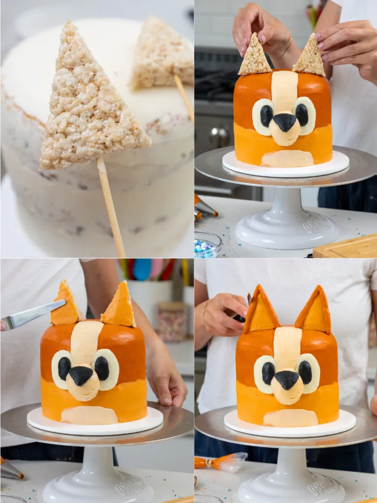 image of rice krispies ears being added to a Bingo cake