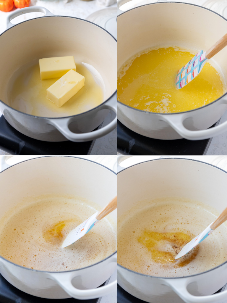 image of butter being browned in a cream colored dutch oven