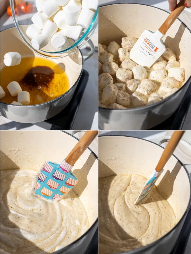 image of marshmallows being melted down in brown butter to make brown butter rice krispie treats