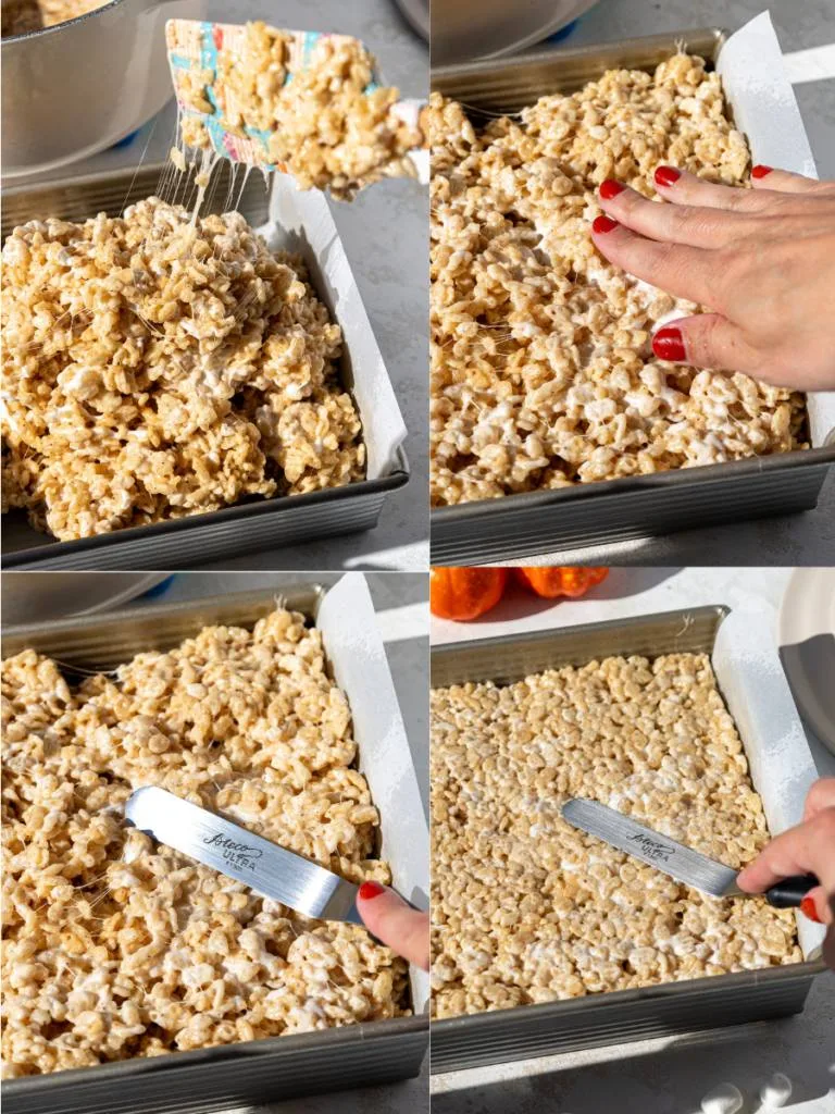 image of brown butter rice krispie treats being pressed into a metal pan