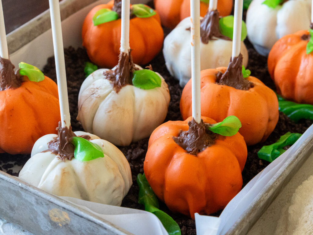 image of pumpkin cake pops that are being served in a platter with crushed up oreos to look like a pumpkin patch