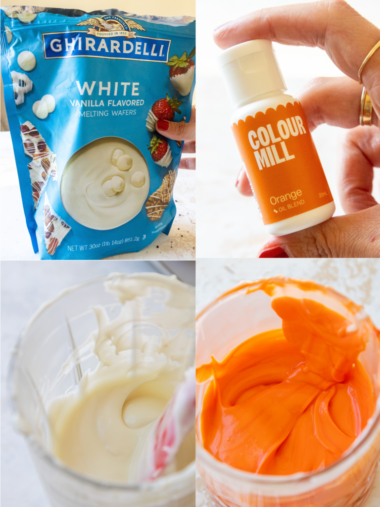 image of orange white chocolate being melted and made to coat pumpkin cake pops