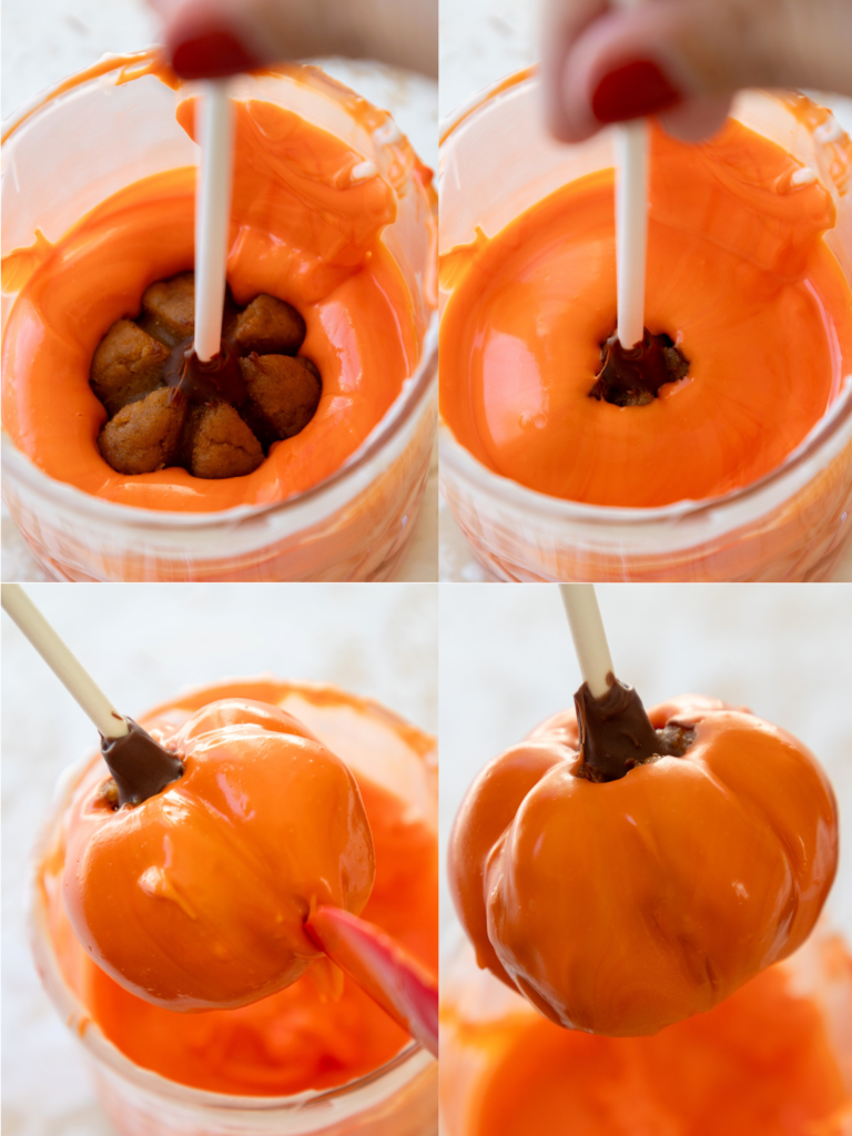 image of pumpkin cake pops being dunked into orange white chocolate