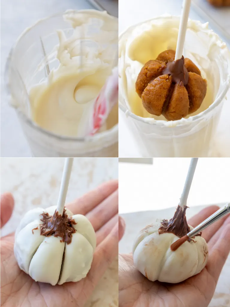 image of white chocolate pumpkins being dipped and brushed with cocoa powder to give them more dimension