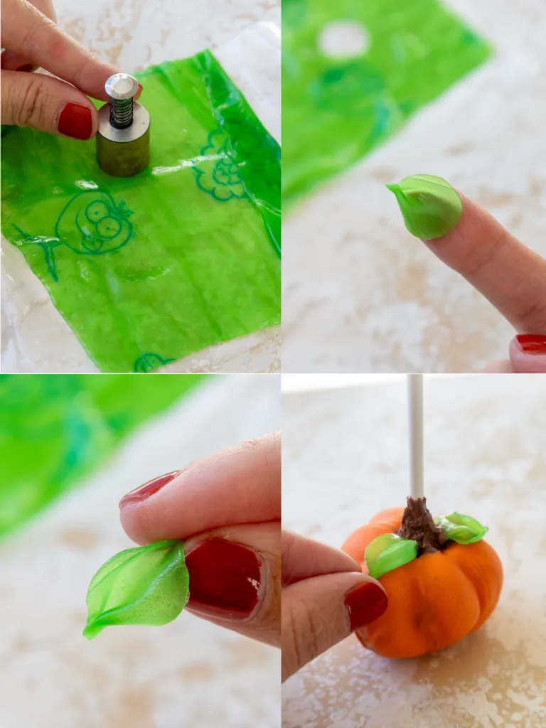 image of a fruit roll up being cut into small circles to make leaves for pumpkin cake pops