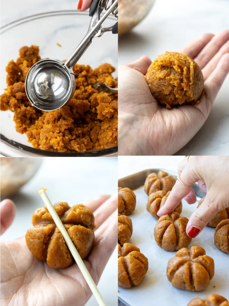 image of pumpkin cake pops being scooped and shaped with a cake pop stick